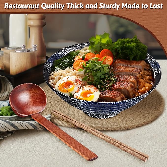 8-Inch Large Ceramic Ramen Bowl Set of 2 (9 Piece) - Microwave & Dishwasher Safe Porcelain Japanese Salad Noodles Cereal Fruit Pasta Soup Bowls with Recipes Chopsticks Forks Spoons for Men Women Gift