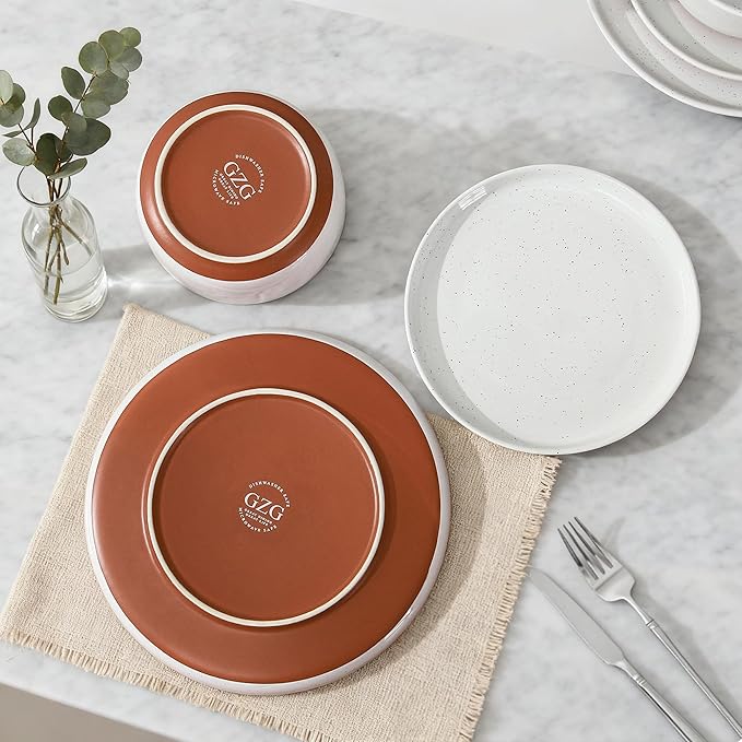 GZG Modern Art Series - 18 Pcs Speckled Stoneware Plates and Bowls Sets, Ceramic Dinnerware Set with Rustic Terracotta Underside, Microwave and Dishwasher Safe Handcrafted Dishes Set - Porcelain White