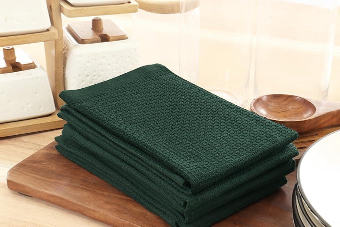 PurpleEssences Waffle Weave Kitchen Towel, 100% Cotton - 15x25 Inches, with Hanging Loop Ultra Soft Absorbent Quick Drying Dish Cloth, Tea and Hand Towels, 6 Pack - Christmas Holiday Winter - Green