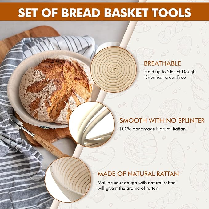 Sourdough Bread Baking Supplies, Sourdough Starter Kit, 2 9 Inch Round Banneton Bread Proofing Basket with 24 Oz Glass Jar, Sour Dough Tools with Danish Dough Whisk & Scraper