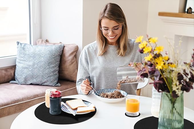 homing Round Faux Leather Placemat and Coaster 8 Packs, Washable Heat Resistant Dining Place Mats, Wipeable Double-Sided Table Mats for Indoor and Outdoor, Diameter 13 and 3.93 inch, Black