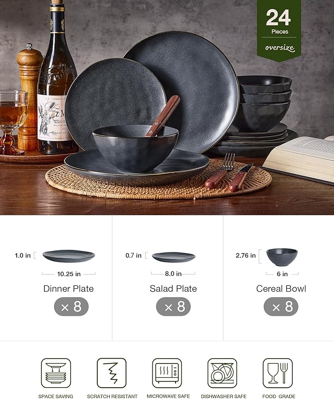 Famiware Dinnerware Sets for 8, Ocean Round 24-Piece Kitchen Plates and Bowls Sets, Microwave and Dishwasher Safe, Scratch Resistant, Matte Black