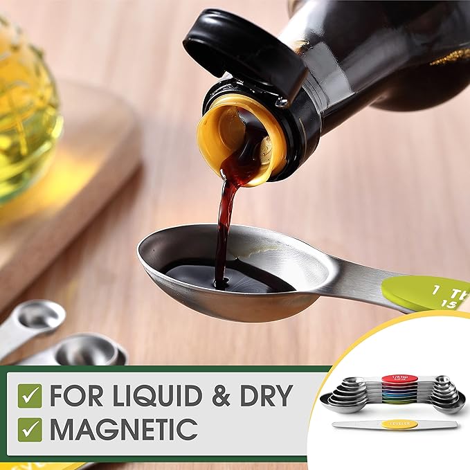 Spring Chef Multicolor Stainless Steel Magnetic Measuring Spoons Set of 8 with Leveler, Nesting Metal Teaspoon & Tablespoon Measuring Spoons, Kitchen Gadgets for Baking & Cooking - 2 Pack