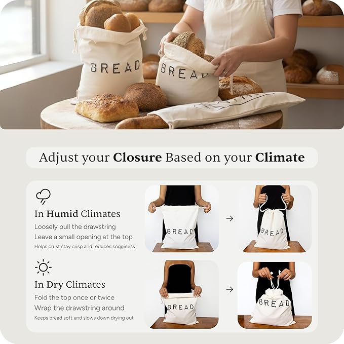 Leafico Reusable Bread Bags – 2 Cotton Storage Bags + 1 Baguette Bag with Food Safe TPU Liner – For Homemade Bread, Sourdough, Artisan Loaves – Freezer Safe & Washable Plastic Alternative