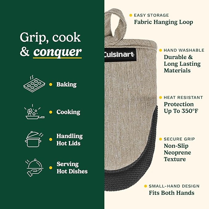 Cuisinart Mini Oven Mitts – 5.5” x 7” Heat-Resistant Kitchen Mitts for Oven with Non-Slip Neoprene Palm, Cotton Filling, and Fabric Loop – Durable Oven Mitt Set for Cooking & Baking (Taupe)