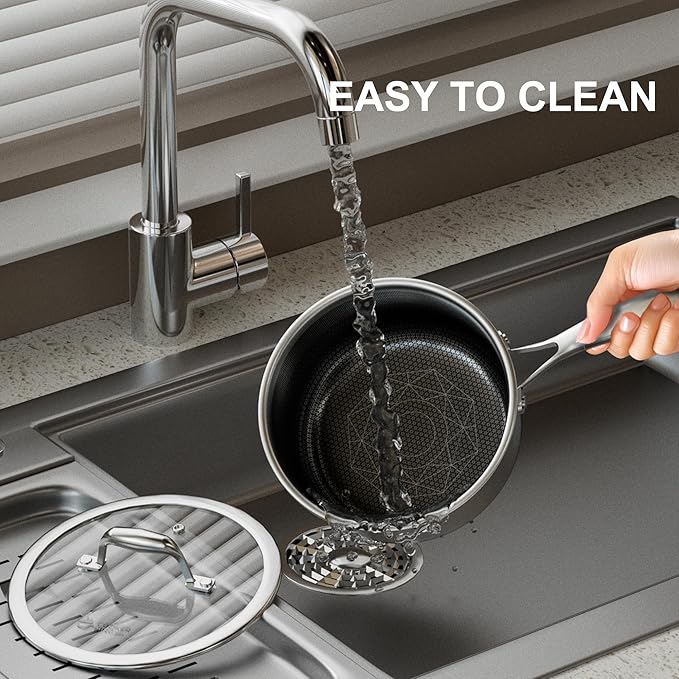 COOKER KING 1.5 Quart Stainless Steel Saucepan, Nonstick Sauce Pan, Ceramic Suce Pot with Tempered Glass Lid, Induction Pot Compatible with All Cooktops, Dishwasher & Oven Safe(PFAS/PFOA/PTFE Free)