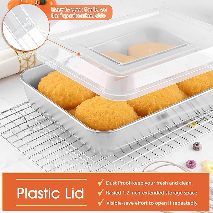 Herogo Baking Pan with Lid, 8 x 10 Inch Nonstick Rectangle Stainless Steel Cake Pan Sheet, Deep Cakes Bakeware with Lid for Brownies Casseroles, Non Toxic & Dishwasher Safe, Set of 4