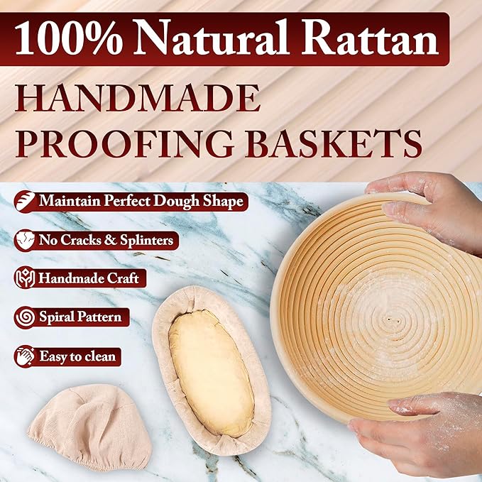 Banneton Bread Proofing Basket Set - 9" Round & 10" Oval Rattan Sourdough Proofing Basket and Sourdough Bread Baking Supplies for Home Bakers