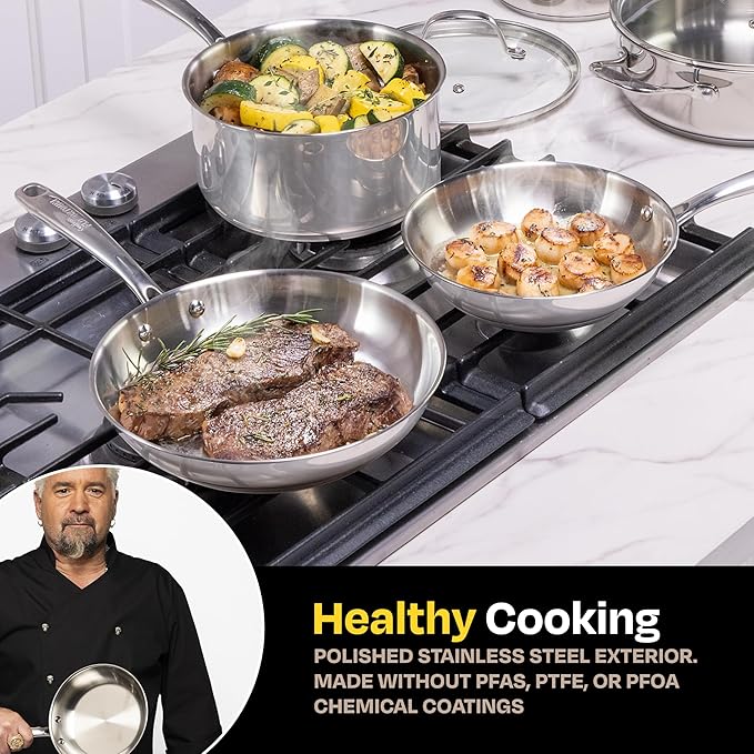 Guy Fieri's Flavortown 10-Piece Stainless Steel Cookware Set - Includes Frying Pans, Saucepans, Saute Pan and Stock Pot - Pots and Pans, Oven-Safe up to 500F