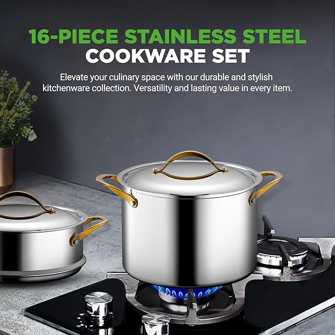 NutriChef 16-Piece Stainless Steel Kitchenware - Pots & Pans Set Clad Kitchen Cookware with Nylon Utensils, Fry Pan Interior Coated with Prestige Ceramic Non-Stick Coating, Stylish Kitchen Cookware