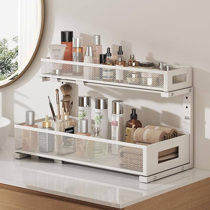 2 Pack 20.47IN Depth Under Sink Storage Organizer, Large 2-Tier Elegant Mesh Pull Out Shelf for Kitchen and Bathroom Cabinet Organization, L-Shaped and Adjustable Height Design-White