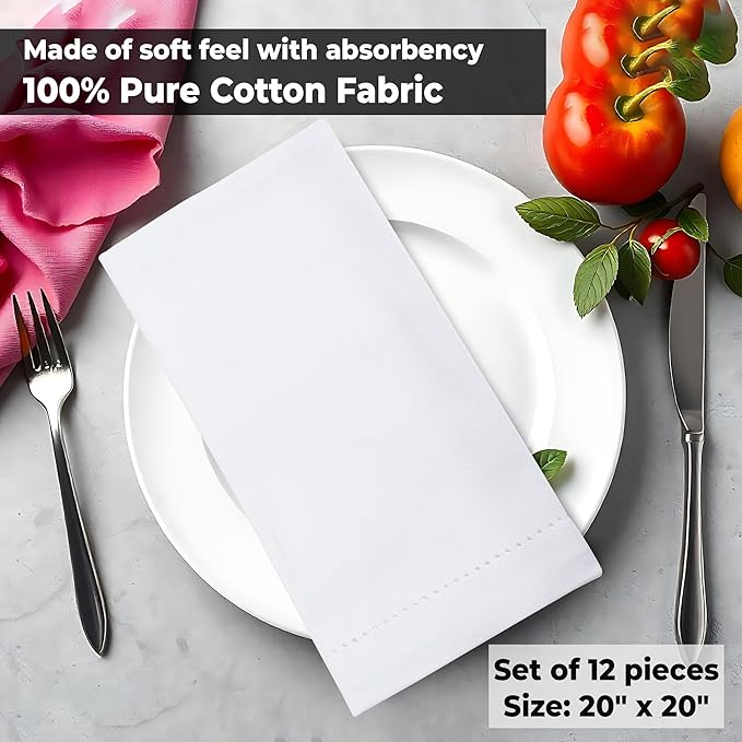 Urban Villa Cloth Napkins White Hemstitch Dinner Napkins Set of 12 (20X20) 100% Cotton Absorbent Washable Durable Reusable Ideal for Hotel Collection Farmhouse Party Thanksgiving Fall Dinner Napkins