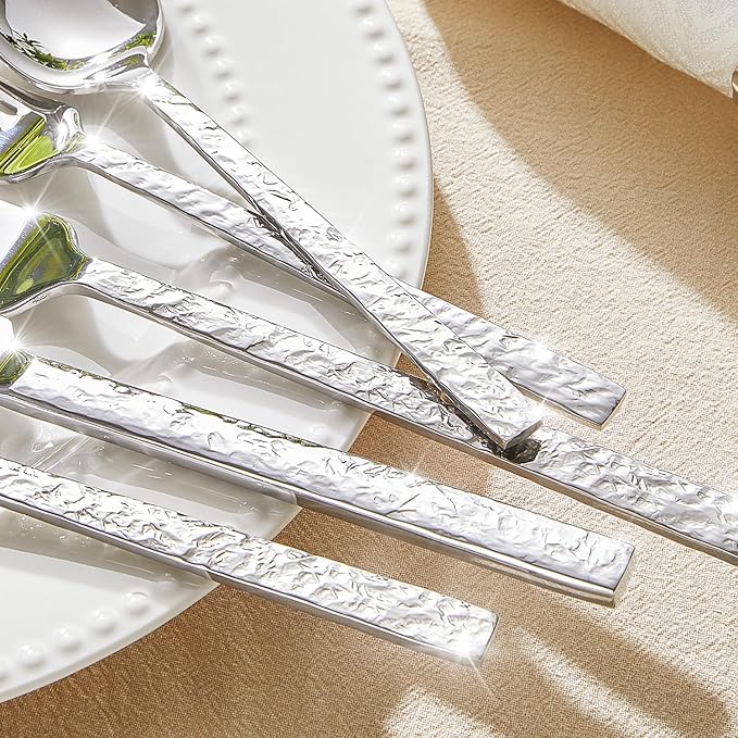 KINGSTONE 60 Pcs Hammered Silverware Set for 12, 18/10 Stainless Steel Heavy Duty Flatware Set, Tableware Cutlery Utensil Sets for Home Restaurant Dishwasher Safe