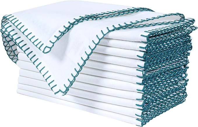Bedding Craft Cotton Cloth Dinner Napkins Set of 12 –18x18 Funfare Multi-Color Fabric Napkins with Blanket Stitch Selvedge – Washable Wedding Napkins for Parties, Restaurants, Dining & Table Settings