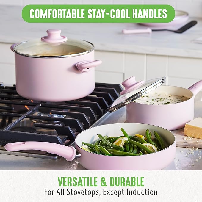 GreenLife 16 Piece Nonstick Cookware Set, Soft Grip Non-Toxic PFAS-Free Ceramic Pots & Pans, Dishwasher & Oven Safe, Frying, Sauce, Saute, Utensils, Glass Lids, Stay-Cool Handles, Wobble Free, Pink