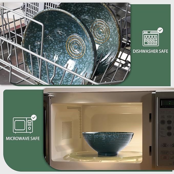 NUTRIUPS 8 Inch Ceramic Ramen Bowl Set of 2 Pho Bowls Japanese Noodle Udon Soup Bowls with Spoons and Chopsticks (Emerald)