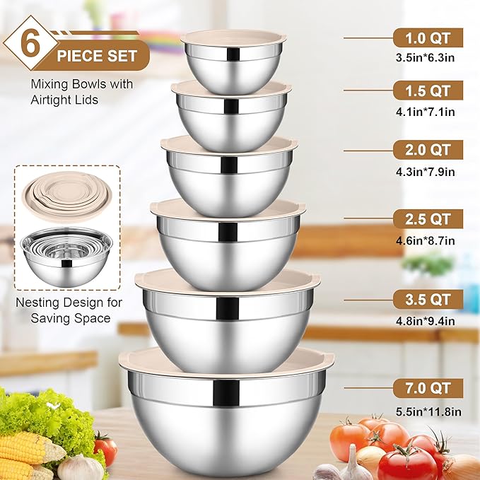 LIANYU 6 Piece Mixing Bowls with Lids Set, Size 7 & 3.5 & 2.5 & 2 & 1.5 & 1QT, Stainless Steel Cooking Serving Bowls, Metal Kitchen Nesting Bowl for Prepping & Food Storage, Dishwasher Safe, Khaki