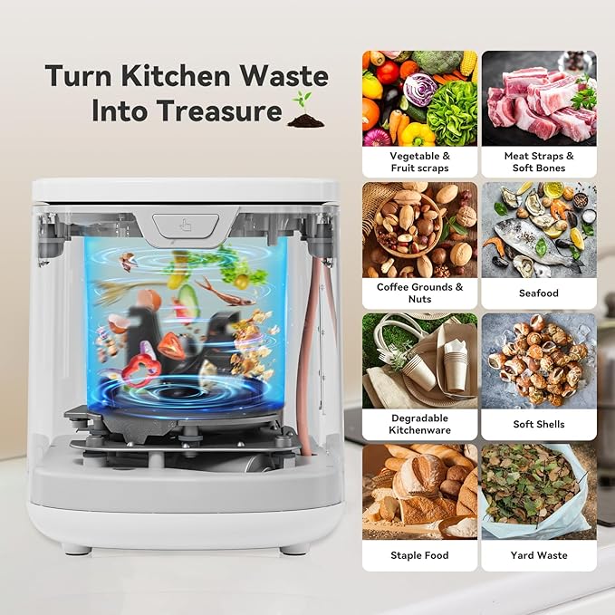 3.5L Electric Composter for Kitchen, Smart Compost Bin, Odorless Indoor Composter with 2 Detachable Carbon Filter, Turns Waste Into Dry Fertilizer, One-Touch Operation, White