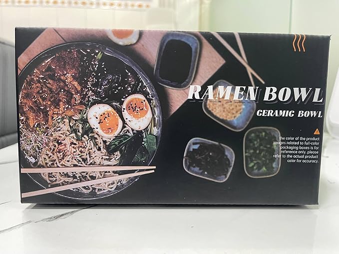 8-Inch Ceramic Ramen Bowl Set of 2 (9 Piece) - Porcelain Japanese Salad Noodles Cereal Fruit Pasta Soup Large Bowls with Recipes Chopsticks Forks Spoons for Men Women Gift Microwave & Dishwasher Safe
