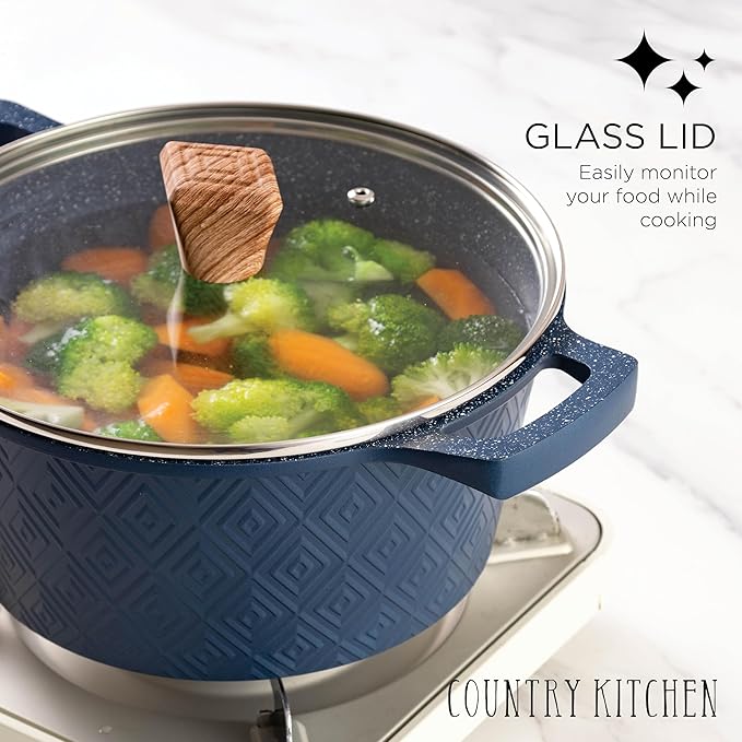 Country Kitchen Non-Stick Cast Aluminum Cookware Set - Durable Kitchen Cookware for Everyday Cooking, Navy, 11 Pc.