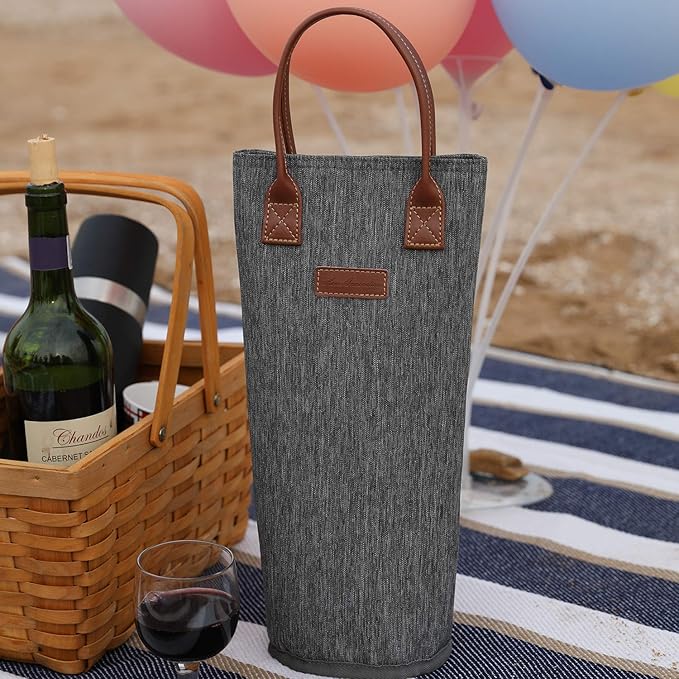 Single Bottle Insulated Wine Tote, 1 Bottle Wine Carrier Bag Padded Wine Cooler Perfect Wine Lover's or Wedding Gift-Grey