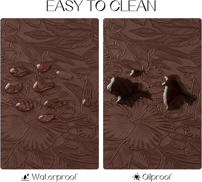 Romanstile Vinyl Placemats Set of 6-12 X 18 Inch - Heat Resistant Non-Slip Embossed Floral Place Mats 100% Waterproof Oilproof Wipeable Faux Leather Table Mats for Kitchen/Dining/Party, Brown