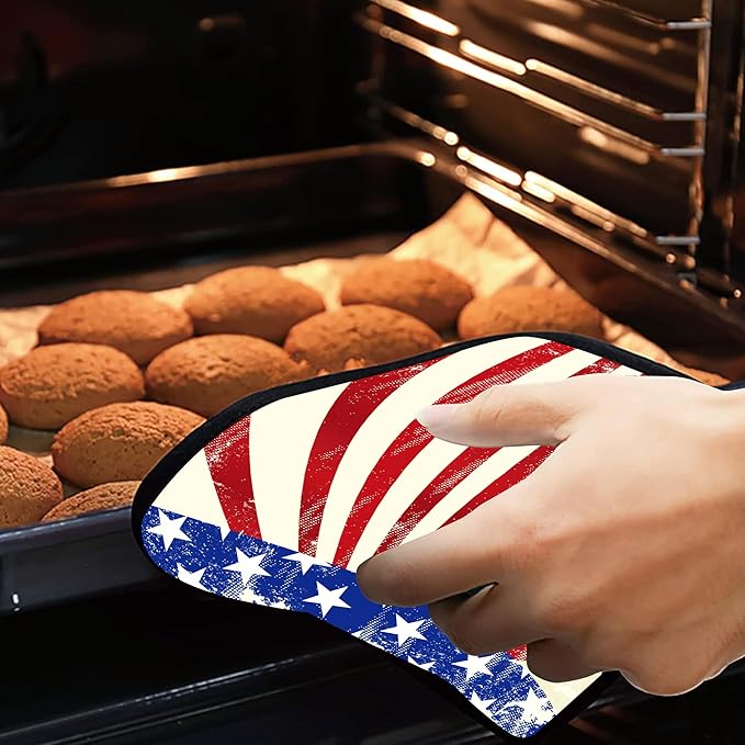 4th of July Grunge American Flag Pot Holders Set of 2 Oven Hot Pads Pot Holders for Cooking Baking BBQ Gifts for Women