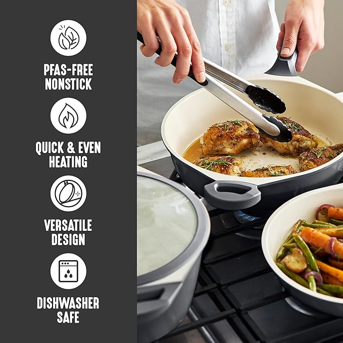 GreenLife 8 Piece Ceramic Nonstick Cookware Set, Induction Suitable Non Toxic PFAS-Free Pots & Pans, Dishwasher Safe, Cooking Set, Stock Pot, Saucepans & Frying Pans, Kitchen Cooking, Graphite