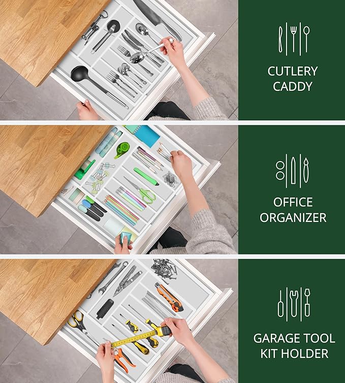 ROYAL CRAFT WOOD Luxury Bamboo Kitchen Drawer Organizer - Silverware Organizer - Utensil Holder and Cutlery Tray with Grooved Drawer Dividers for Flatware and Kitchen Utensils (9 Slot, White)