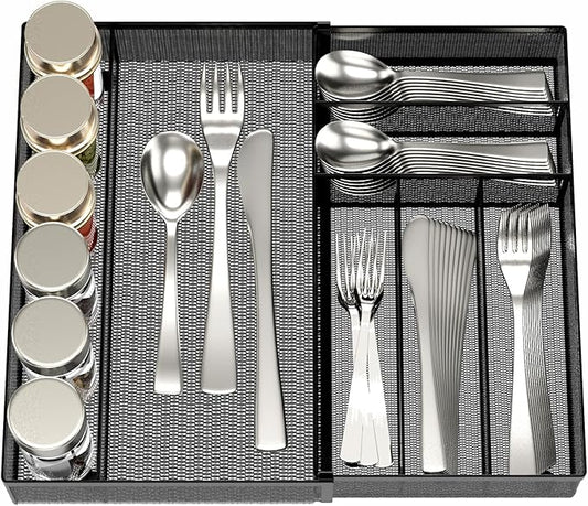 JANE EYRE Utensil Drawer Organizer - Expandable Cutlery Tray, Silverware/Flatware Storage Divider for Kitchen, Mesh Designing with Non-slip Rubber Feet (black)