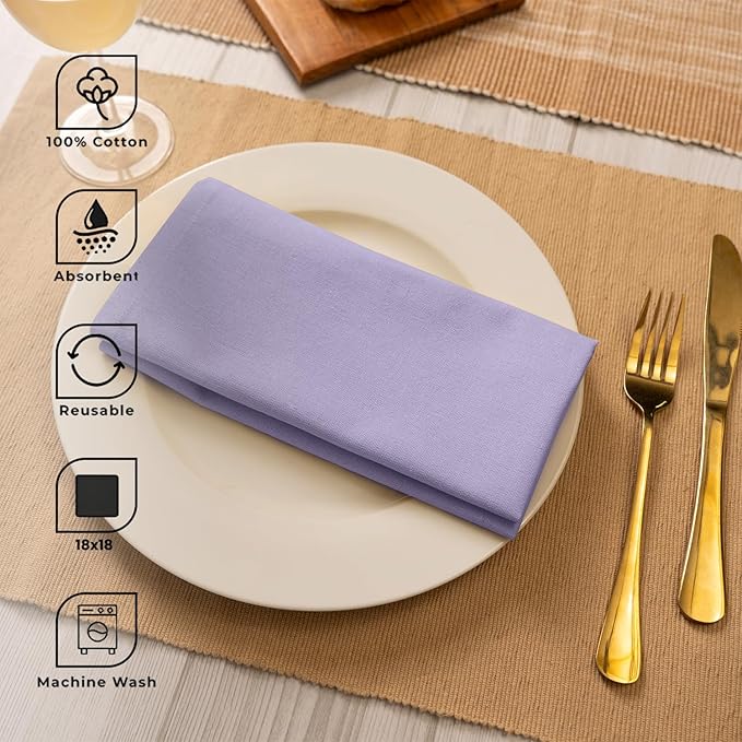Blue Needles Solid Cloth Napkins Set of 12 Lavender 100% Cotton Dinner Napkins 18x18 inches - Soft, Reusable, Absorbent & Washable Fall Thanksgiving Linen, Ideal for Events, Parties & Everyday Use