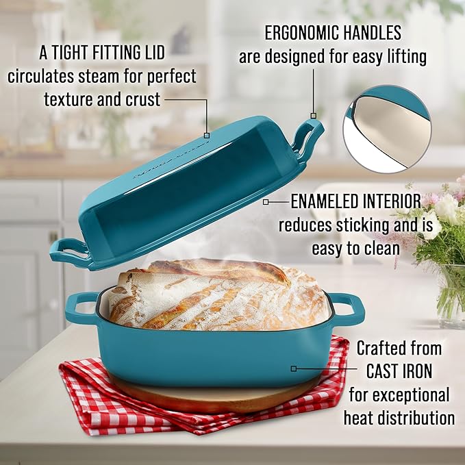 Signature Enameled Cast Iron Sourdough Bread Oven | Non-Stick with Tight Fitting Lid for Perfect Baking and Bread Making | 6QT Rectangle Oven With Lid [Ocean Blue]