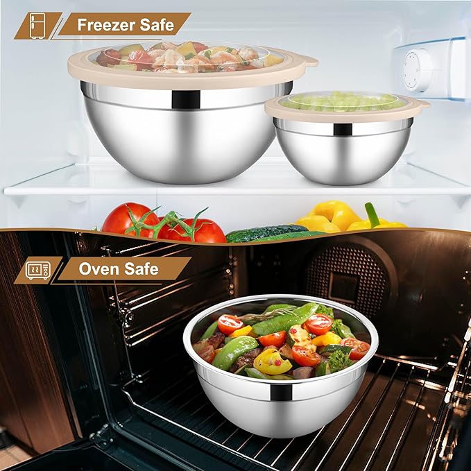 LIANYU 6 PCS Large Mixing Bowls with Visible Lids Set, Size 7, 3.5, 2.5, 2, 1.5, 1QT, Stainless Steel Kitchen Metal Nesting Bowls for Cooking, Baking, Serving, Freezer & Dishwasher Safe, Khaki