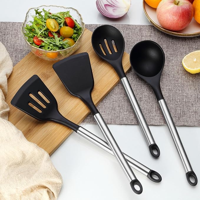 Pleafind 4-Pcs Silicone Cooking Utensils Set, Wok Utensils Set Include Wok Ladle, Slotted Spoon, Solid Spatula and Slotted Spatula, Silicone and Stainless Steel Kitchen Utensils, Dishwasher Safe