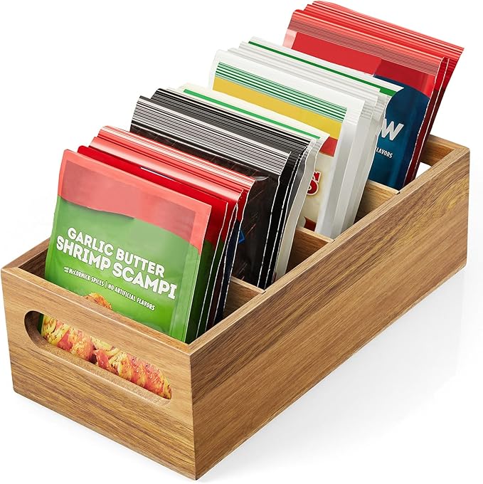 DRASTAR Pantry Organization and Storage Bins, Seasoning Packet Organizer with Removable Dividers,Wooden Storage Caddy for Kitchen, Pantry, Cabinet, Countertop, Acacia