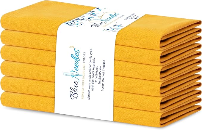 Blue Needles Solid Cloth Napkins Set of 6 Golden Yellow 100% Cotton Dinner Napkins 18x18 inches - Soft, Reusable, Absorbent & Washable Fall Thanksgiving Linen, Ideal for Events, Parties & Everyday Use