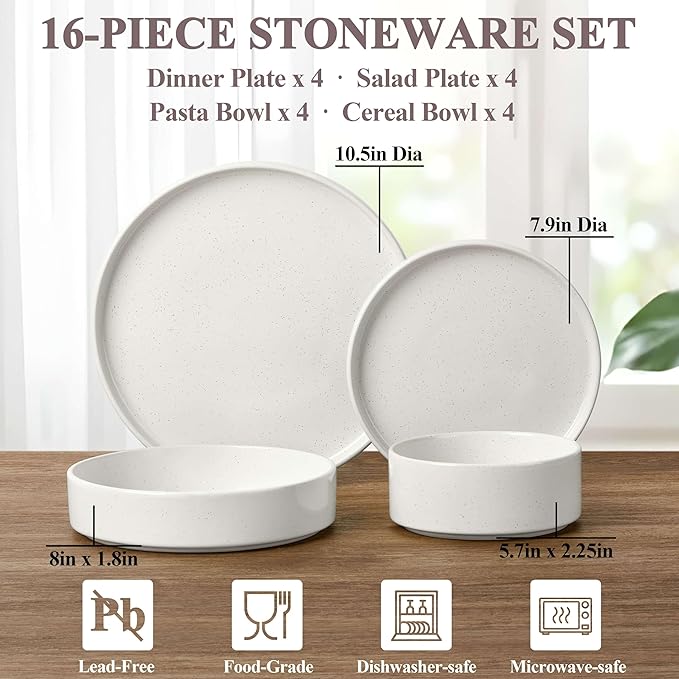Herogo Dinnerware Sets with Pasta Bowls, 16 Piece Plates and Bowls Set for 4, Stoneware Dinner Dishes for Kitchen Dining, Dishwasher & Microwave Safe, Speckled White