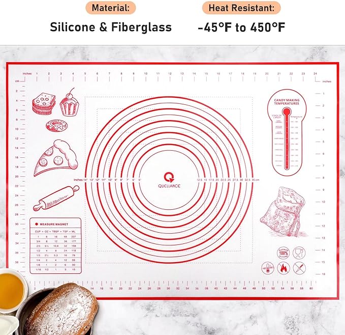Silicone Baking Mat with Measurements, Pastry Mat for Rolling Out Dough Non-Slip Extra Large, Red, 20" x 28", Fondant Mat