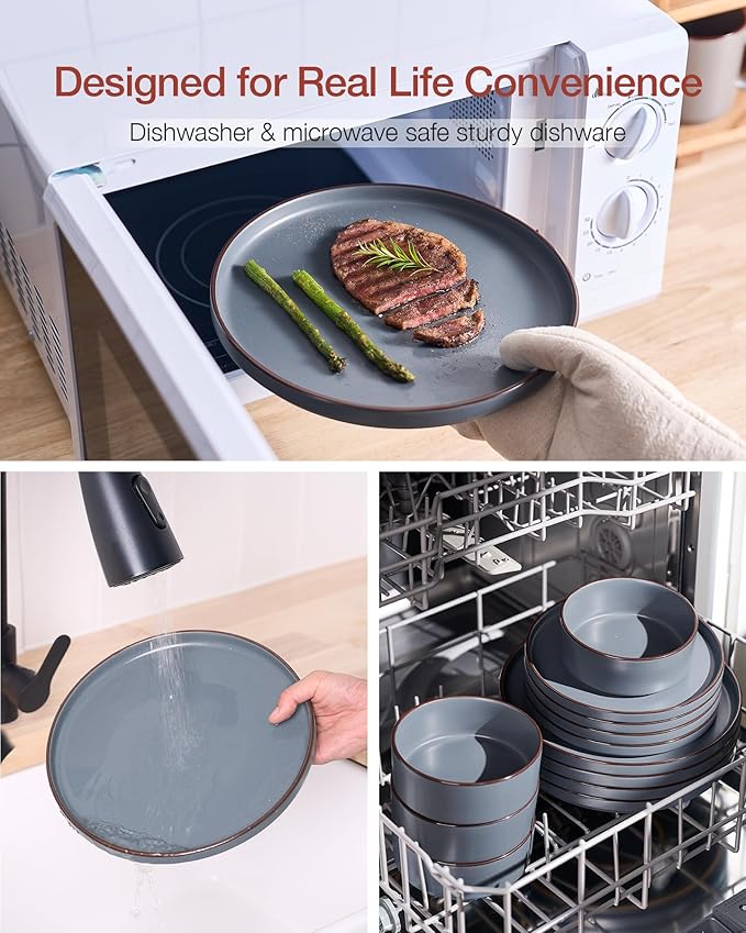 Famiware Nebula Ridge Stoneware Dinnerware Sets for 6, Plates and Bowls Sets, 18 Pieces Dishes Set, Microwave and Dishwasher Safe Kitchen Plates, Charcoal