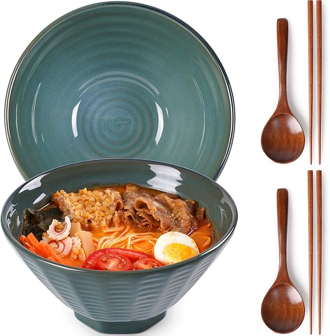 NUTRIUPS Ceramic Ramen Bowl Set of 2 Noodles Bowl with Chopsticks and Spoons, 50oz Large Ramen Bowl- Deep Ocean Green