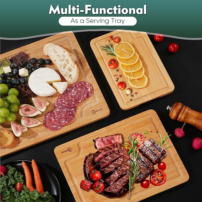 Bamboo Cutting Board, Durable Wood Cutting Boards for Kitchen Set 3 Packs with Non Slip Feet Holder and Over Sink Solid Thick Reversible Large Big Small Vegetables Fruits Kitchen Gifts (Natural)