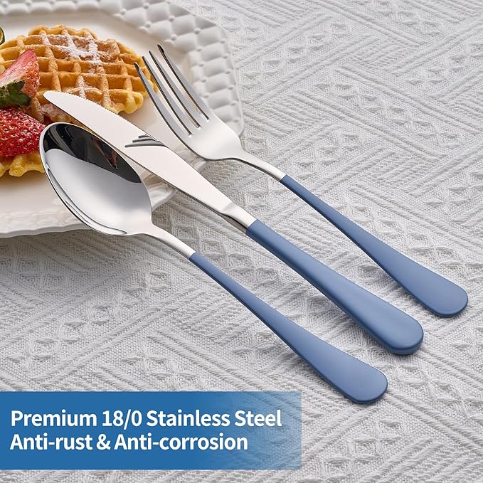 20-Piece Grey Blue Silverware Set, 18/0 Stainless Steel Grey Blue Handle Flatware Set, Service for 4,Modern Cutlery Set Includes Dinner Knives Forks Spoons,Mirror Polished,Dishwasher Safe