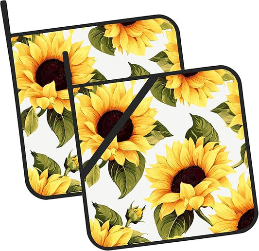 Groovy Sunflower Pot Holders Set of 2 Kitchen Heat Resistant Potholders for Microwave Cooking Baking Oven End Dishes and BBQ Gifts for Women