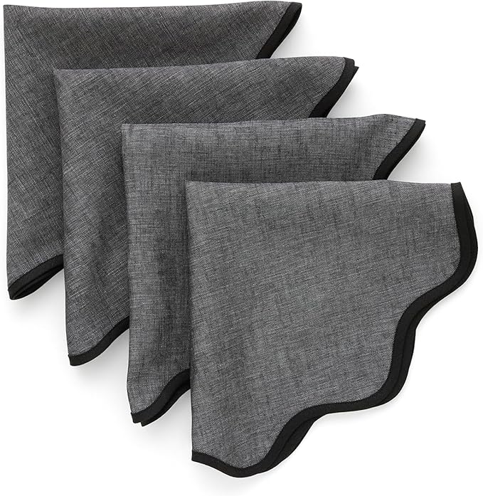 Solino Home Linen Scallop Cloth Napkins Set of 4-100% Pure Linen Black and Charcoal Grey Dinner Napkins 20 Inch for Thanksgiving - Giselle Scallop Edge, Handcrafted and Machine Washable