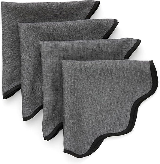 Solino Home Linen Scallop Cloth Napkins Set of 4-100% Pure Linen Black and Charcoal Grey Dinner Napkins 20 Inch for Thanksgiving - Giselle Scallop Edge, Handcrafted and Machine Washable