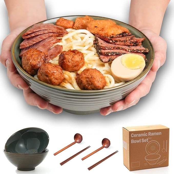 8 Inch Ceramic Ramen Bowl Set of 2, 40oz Japanese Bowls with Spoons & Chopsticks,Durable,Microwave & Dishwasher Safe,Perfect for Ramen,Pho,Salad,Soup,Noodles，Mixing bowls（Dark Teal）