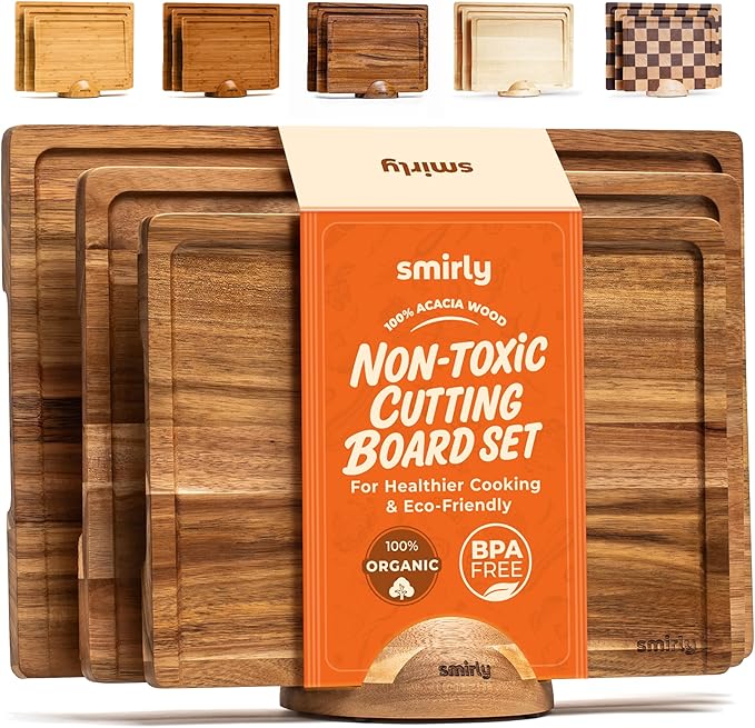 SMIRLY Wood Cutting Boards For Kitchen Meal Prep & Serving, Bamboo Cutting Board Set, Charcuterie Chopping Boards and Wooden Cutting Boards for Kitchen