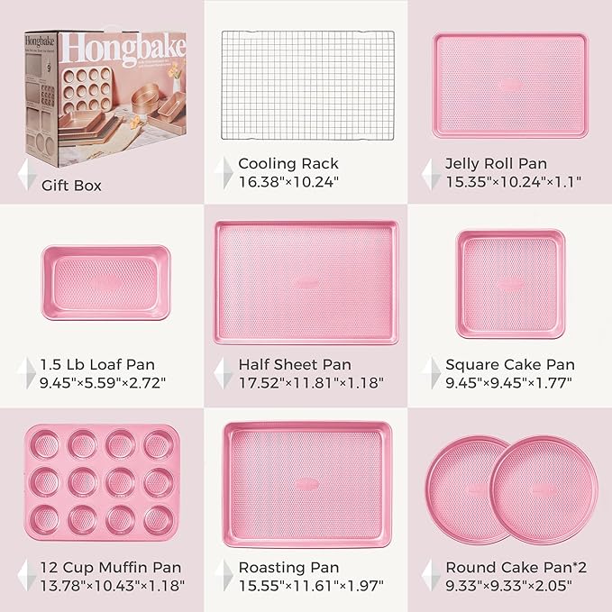 HONGBAKE 9-Piece Baking Pans Set Nonstick, Stackable Non Toxic Bakeware Sets with Diamond Texture, Oven Pan Set for Cooking, Includes Cookie Sheet with Rack, Cake Pan, Roasting Pan, Muffin Tin, Pink