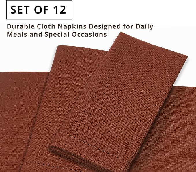 PurpleEssences Rust Set of 12 Hemstitch Cloth Dinner Napkins 100% Cotton - Soft Durable Washable - Ideal for Wedding Christmas Holiday Winter - Perfect Everyday Use Table Linen 18x18 - Rust