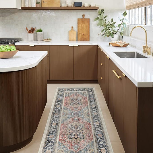 Ruggable Washable 2x10 Runner Rug, Kamran Cayenne Red, Premium Vintage Rugs for Hallway, Kitchen, Entryway, Living Room, Bedroom, Office with Gripper Non Slip Pad